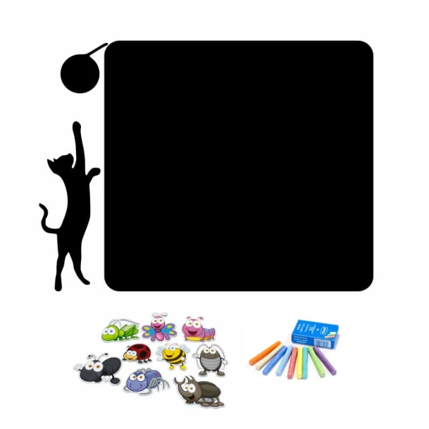 Magnetic chalkboard for kids with a cat design, featuring a black board and colorful magnets.