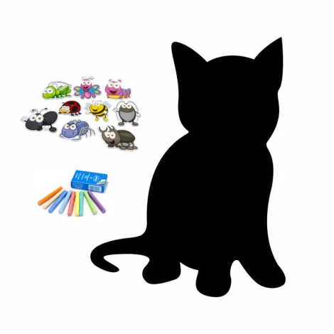 Magnetic chalkboard for kids in the shape of a cat with colorful design elements.