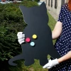 Magnetic chalkboard for kids in cat shape with three colorful circular magnets.