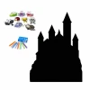 Magnetic chalkboard for kids featuring a castle design with towers and colorful drawings of insects and chalk.