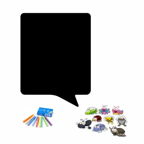 Chalkboard speech bubble magnetic board 123 - Black background with colorful crayons and magnets.
