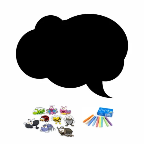 Chalkboard speech bubble magnetic board 177 - Graphic design with insect shapes and colorful crayons.