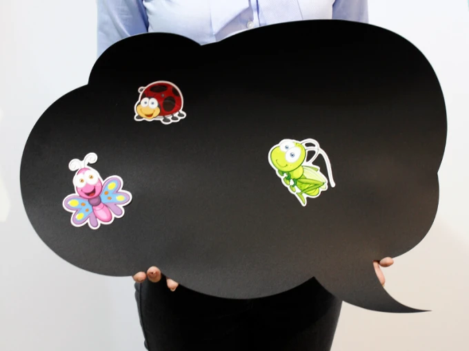 Chalkboard speech bubble magnetic board 177 - Features colorful insects: ladybug, butterfly, and grasshopper design.