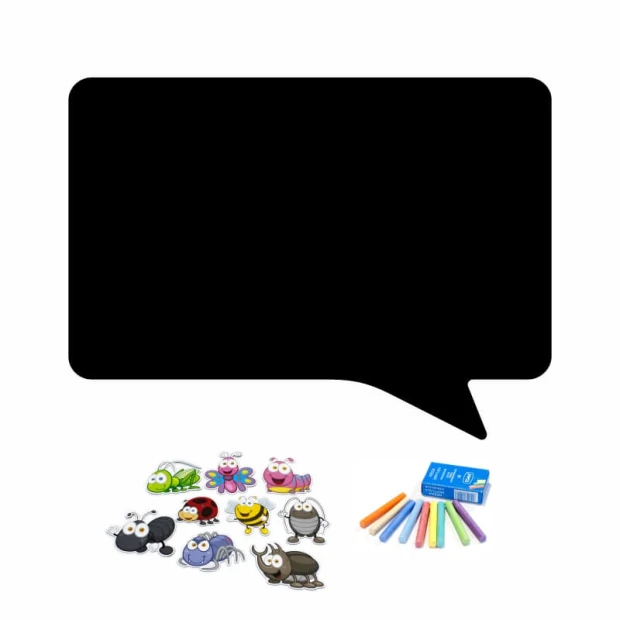 Magnetic chalkboard 018 - Graphic design with a black background, speech bubble, colorful insects, and crayons.
