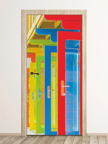 Colorful door wallpaper FP 6274 - hallway arrangement with light-colored walls and wooden floor.