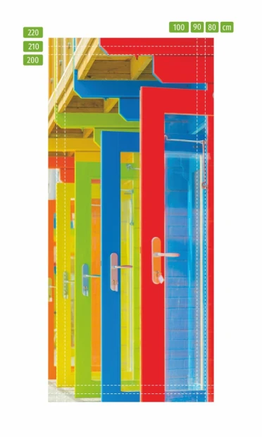 Colorful door wallpaper FP 6274 - Graphic design featuring a row of doors in red and green.