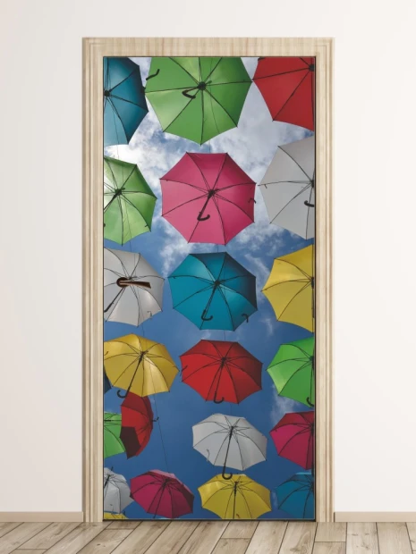 Colorful umbrella door wallpaper FP 6271 - Graphic design with various shaped umbrellas on a blue background.