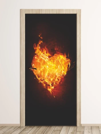 Fire Heart Door Mural FP 6278 - Graphic design featuring a fiery heart on a dark background with dynamic flames.