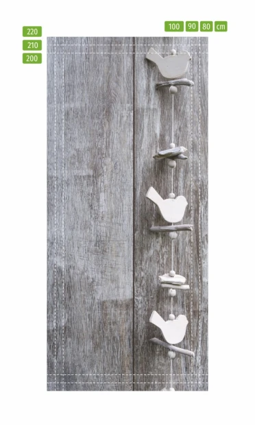 Door wallpaper FP 6273 - Graphic design featuring birds hanging on a string against a wooden background.