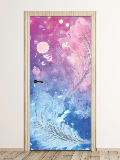 Door wallpaper FP 6272 - Graphic design with pink, blue, white spots, and delicate feathers.
