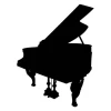 Piano wall sticker 2263 - Graphic design featuring a silhouette of an upright piano with a raised lid and distinct legs.