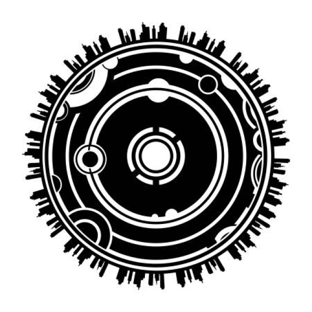Abstract wall sticker 2291 - Graphic design featuring a round shape with building silhouettes and geometric patterns.