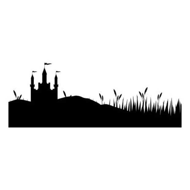 Wall sticker of a fairy tale castle with towers and flags against a grassy background.