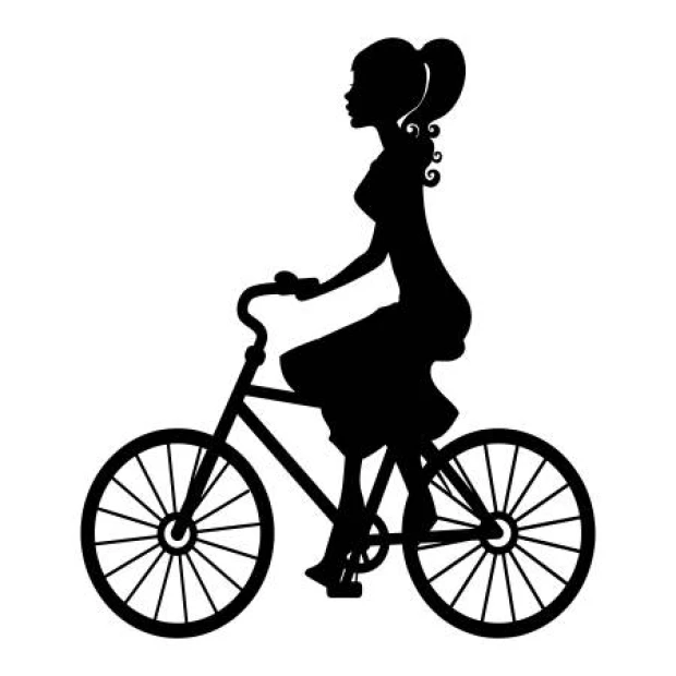Biker wall sticker 2326 - Graphic design featuring a silhouette of a woman on a bike with long hair in a dress.