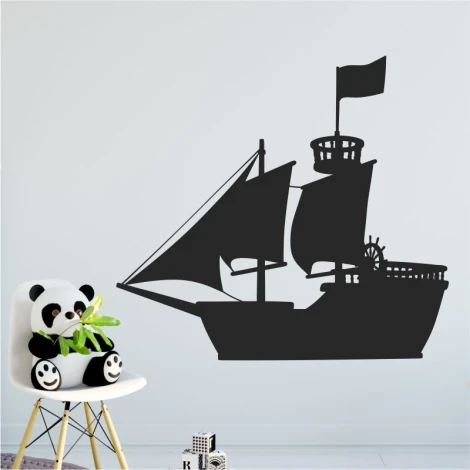 Wall sticker for kids sailboat 2276 - Graphic design. Black sailboat with flag and steering wheel.