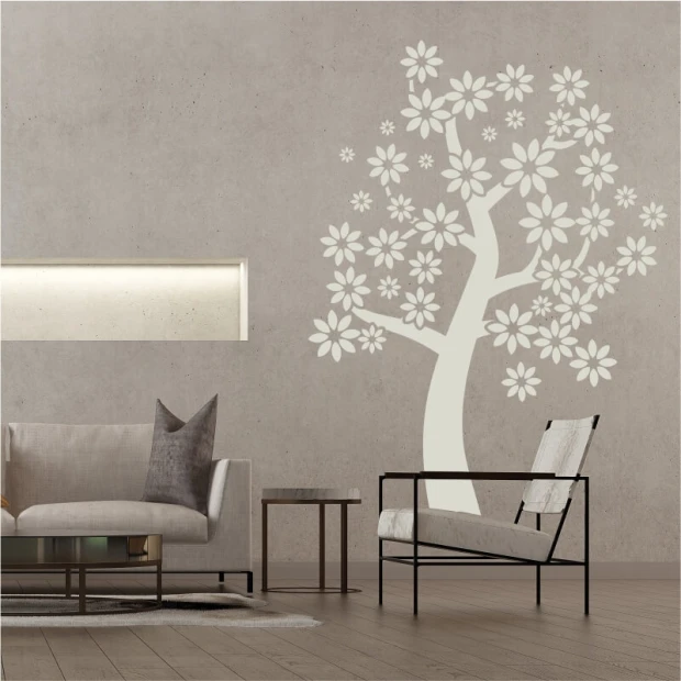 Wall sticker tree 2380 - Living room decor. Gray-beige walls, minimalist style furniture.