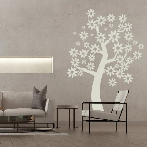 Wall sticker tree 2380 - Living room decor. Gray-beige walls, minimalist style furniture.