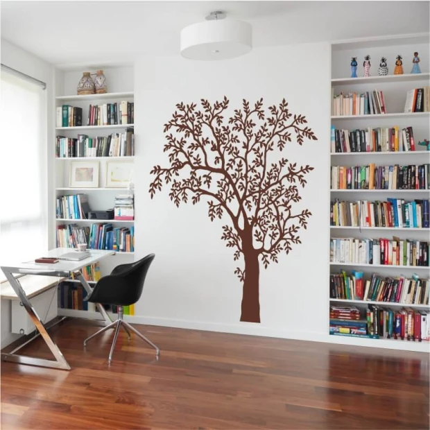 Wall sticker tree 2381 - Office decor. Light-colored walls, wooden floor, bookshelves.