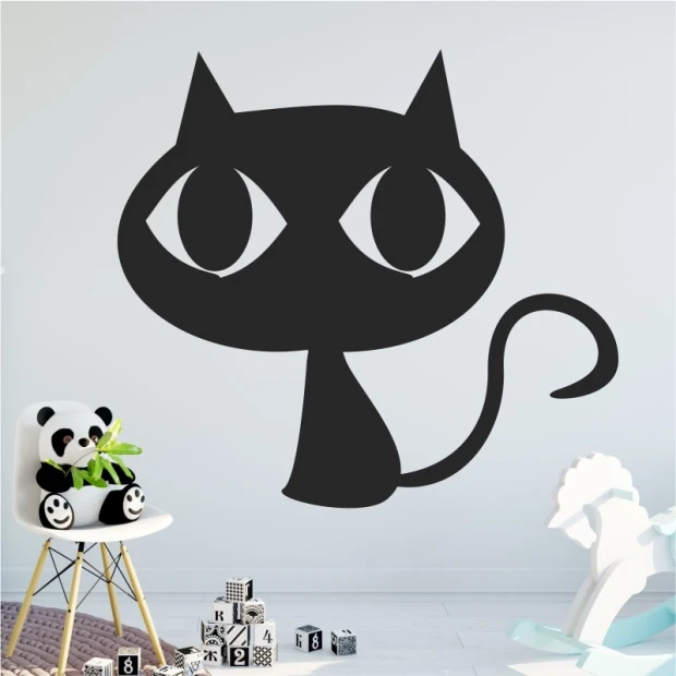 Wall sticker cat 2366 - Graphic design. Black cat with big eyes and a long tail on a light background.