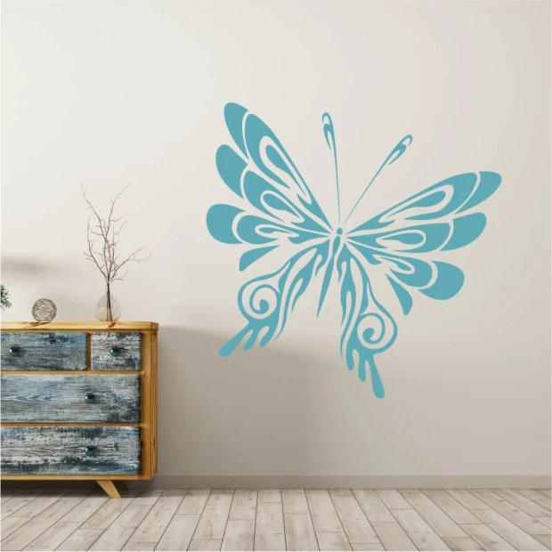 Butterfly wall sticker 2348 - Living room decor with light-colored walls and rustic-style furniture.