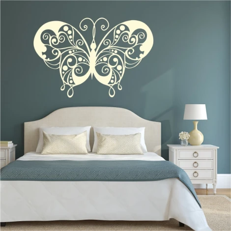 Butterfly wall sticker 2350 - Bedroom decor with dark walls and a bed featuring light bedding.
