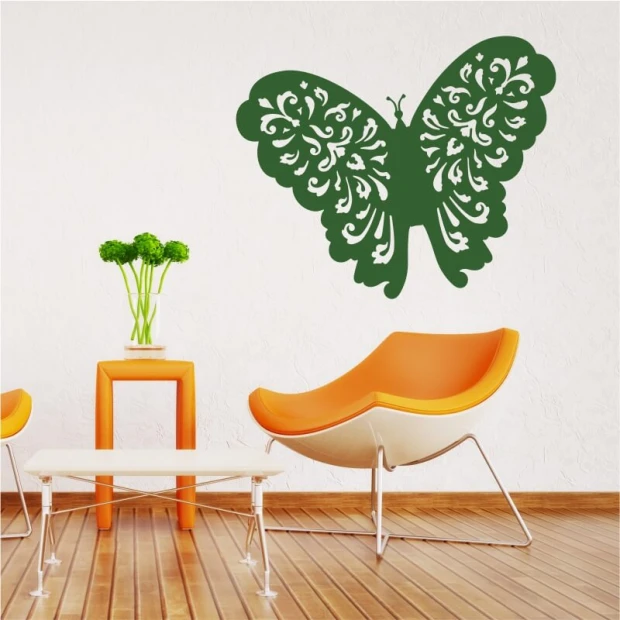 Butterfly wall sticker 2360 - Living room decor with light-colored walls and orange furniture.