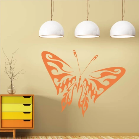Wall sticker fiery butterfly 2355 - Living room decor. Light-colored wall, wooden floor, modern lamps.