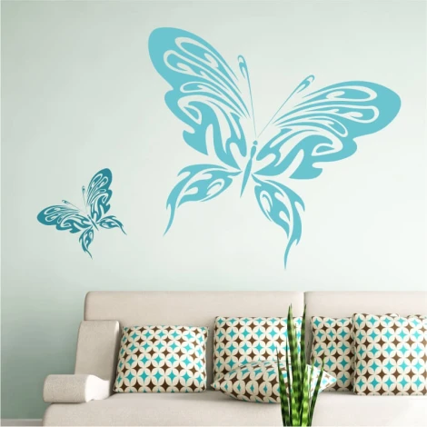 Wall sticker fiery butterfly 2349 - Living room decor. Light-colored walls, beige furniture.