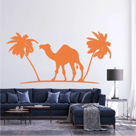 Palm wall sticker 2341 - Living room decor with light-colored walls and blue furniture.