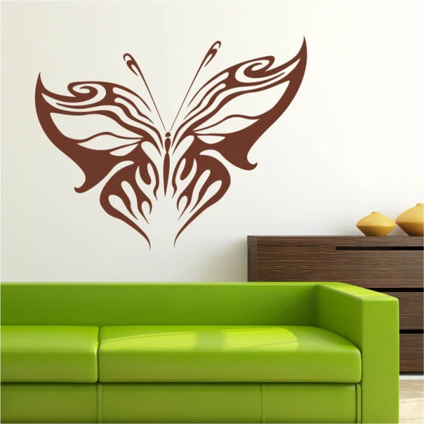 Flaming butterfly wall sticker 2352 - Living room decor with light-colored walls and green furniture.