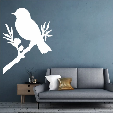 Wall sticker of a bird on a branch 2372 - Living room decor. Gray walls and light furniture.