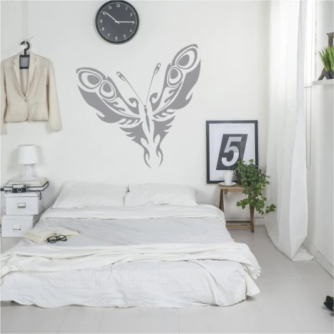 Patterned butterfly wall sticker 2357 - Bedroom decor with light walls, minimalist furniture, and greenery.