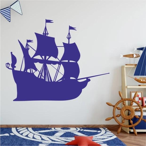 Pirate ship wall sticker for kids 2278 - Brightly colored walls, wooden decor in a children\'s room.