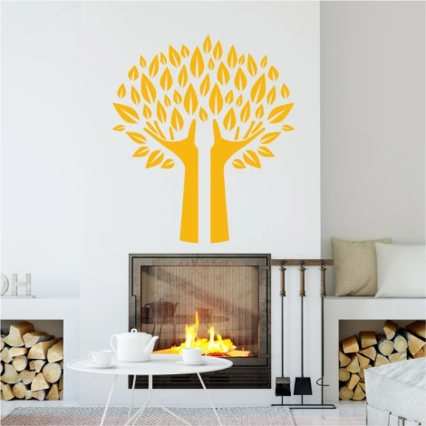 Tree wall sticker 2378 - Living room decor with light-colored walls, a fireplace, and wooden accents.