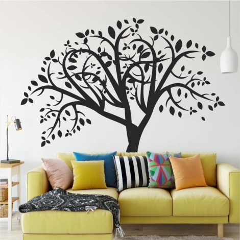 Wall sticker tree 2384 - Living room decor with light-colored walls and a yellow sofa with cushions.