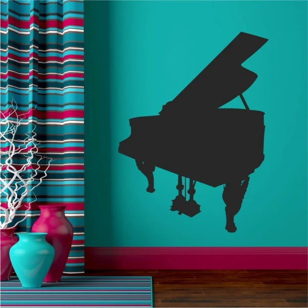 Piano wall sticker 2263 - Room decor with turquoise walls, striped curtains, and a vase with a branch in the background.
