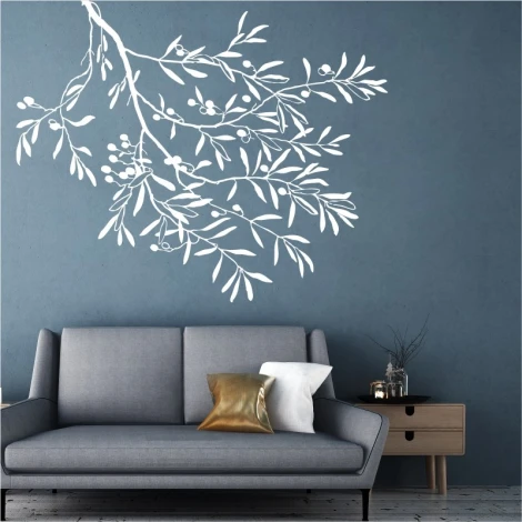 Tree branch wall sticker 2379 - Living room decor with dark wall, gray sofa, and wooden furniture.