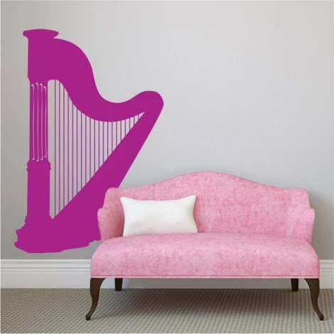 Wall sticker harp 2252 - Living room decor. Light-colored walls, pink sofa.