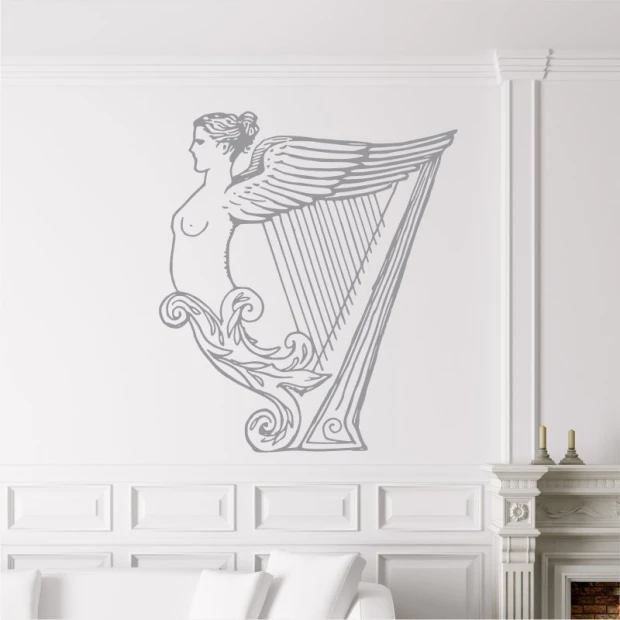 Wall sticker harp 2256 - Graphic design featuring a woman with wings beside a harp in delicate lines.