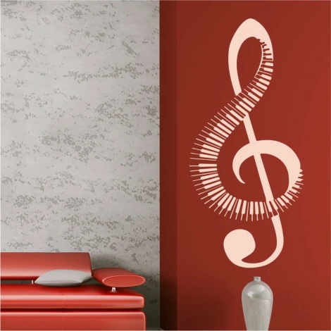 Wall sticker treble clef 2266 - Living room decor. Dark red walls and modern furniture.