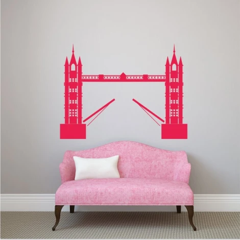 Wall sticker London Bridge 2287 - Living room decor. Light-colored walls, pink sofa with a white cushion.
