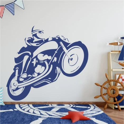 Vintage motorcycle wall sticker 2333 - Graphic design. Blue motorcycle in motion on a light background.