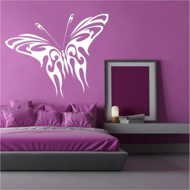 Butterfly wall sticker 2359 - Bedroom decor with purple walls and gray furniture.