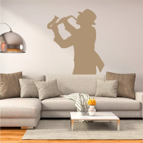 Jazz musician wall sticker 2260 - Living room setup with light-colored walls and gray furniture.