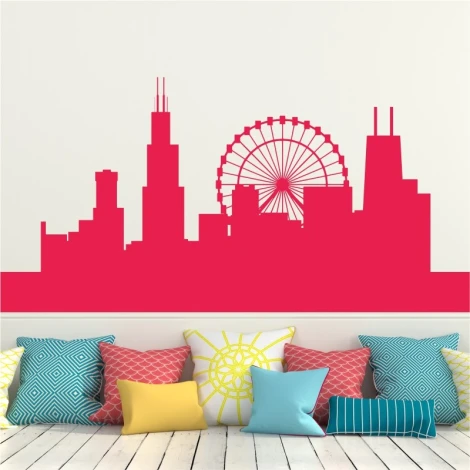City skyline wall sticker 2286 - Living room decor with light-colored walls and pastel furniture.