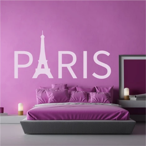 Wall sticker Paris 2294 - Bedroom decor. Pink walls, bed with gray headboard.