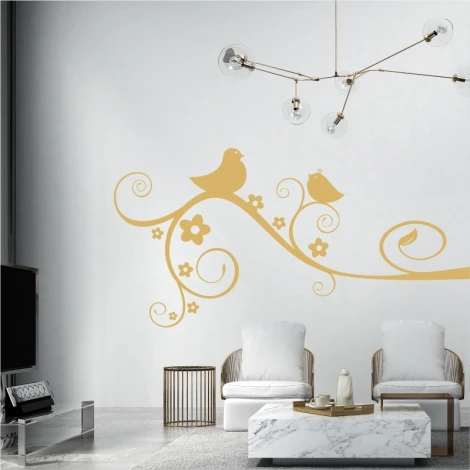 Wall sticker of birds on a branch 2377 - Decor for a light-colored living room with minimalist furniture.