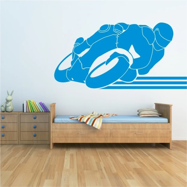Motorcycle racing wall sticker 2330 - Ideal for a child\'s room with light-colored walls and wooden flooring.
