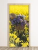 Door mural featuring a bicycle among flowers, with a basket full of blooms on a yellow background.