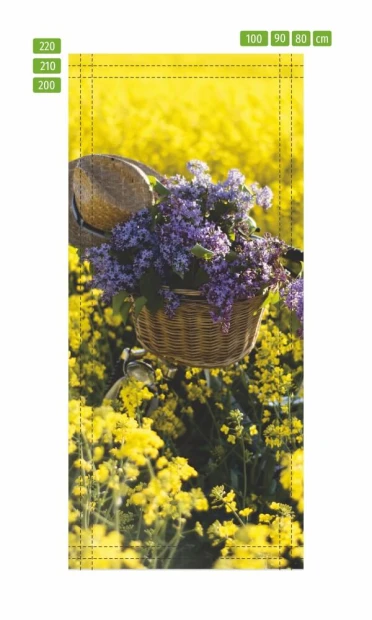 Door wallpaper with a bicycle surrounded by flowers, featuring a bike with a basket of blooms against yellow fields.